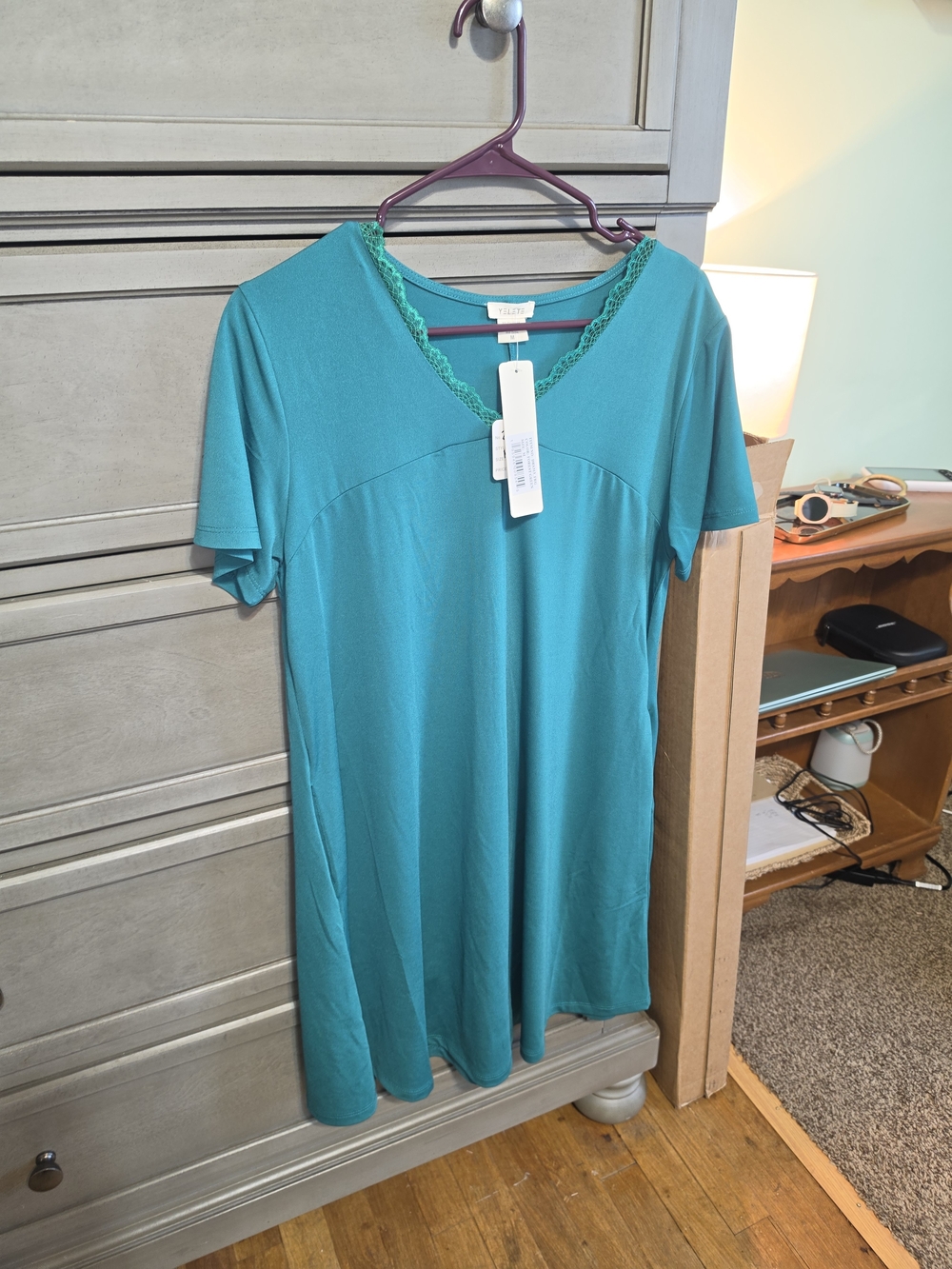 Yelete Teal Lace-Trim V-Neck Dress